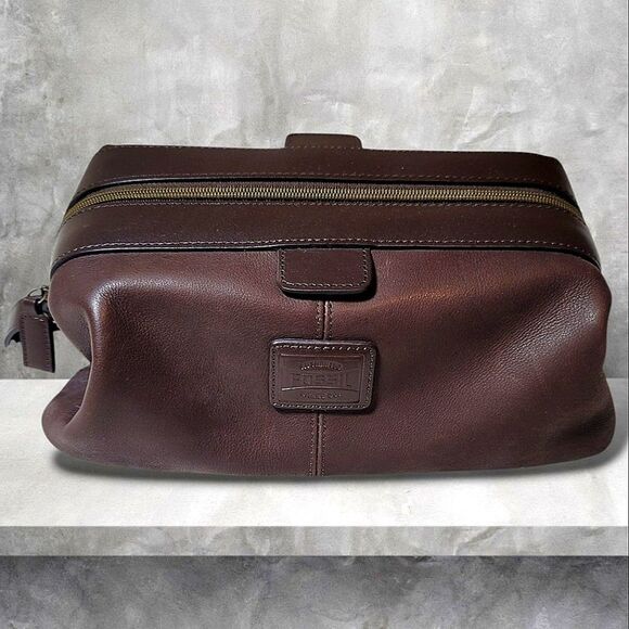 Fossil Vintage Brown Leather Mens Toilettery Shaving Cosmetic Travel Bag - Picture 1 of 7